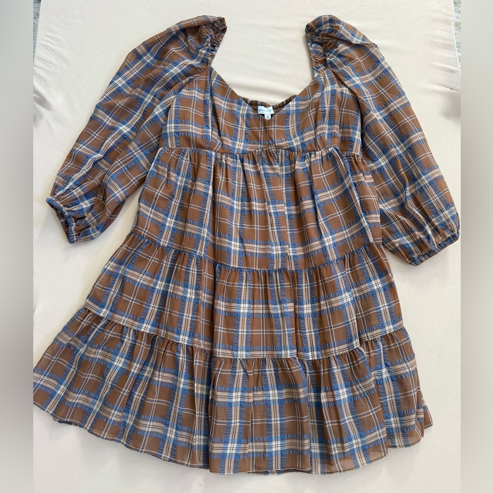 Country Chic Gianni Bibi Brown Plaid Off-Shoulder Dress lined Coastal Cowgirl - Picture 8 of 10